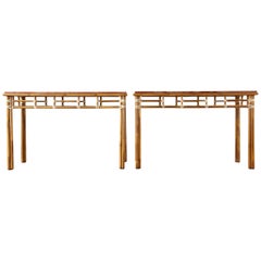 Pair of McGuire Marble-Top Rattan Console Tables