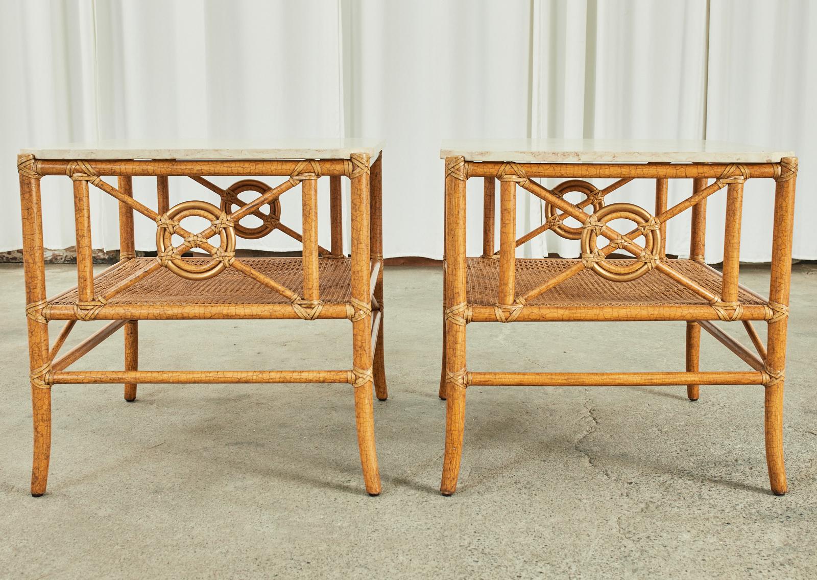 Pair of McGuire Marble Top Rattan Two Tier End Tables 2