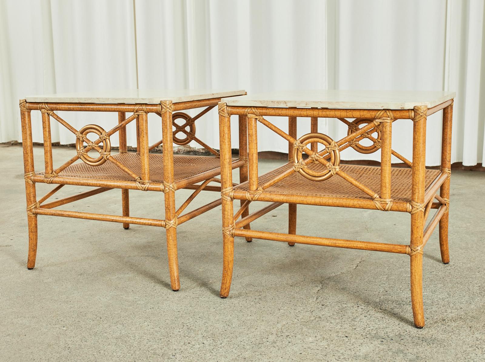 Pair of McGuire Marble Top Rattan Two Tier End Tables 7