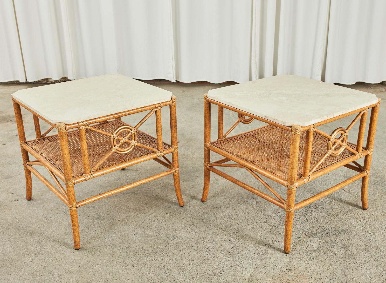 Pair of McGuire Marble Top Rattan Two Tier End Tables 9