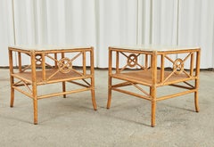Pair of McGuire Marble Top Rattan Two Tier End Tables