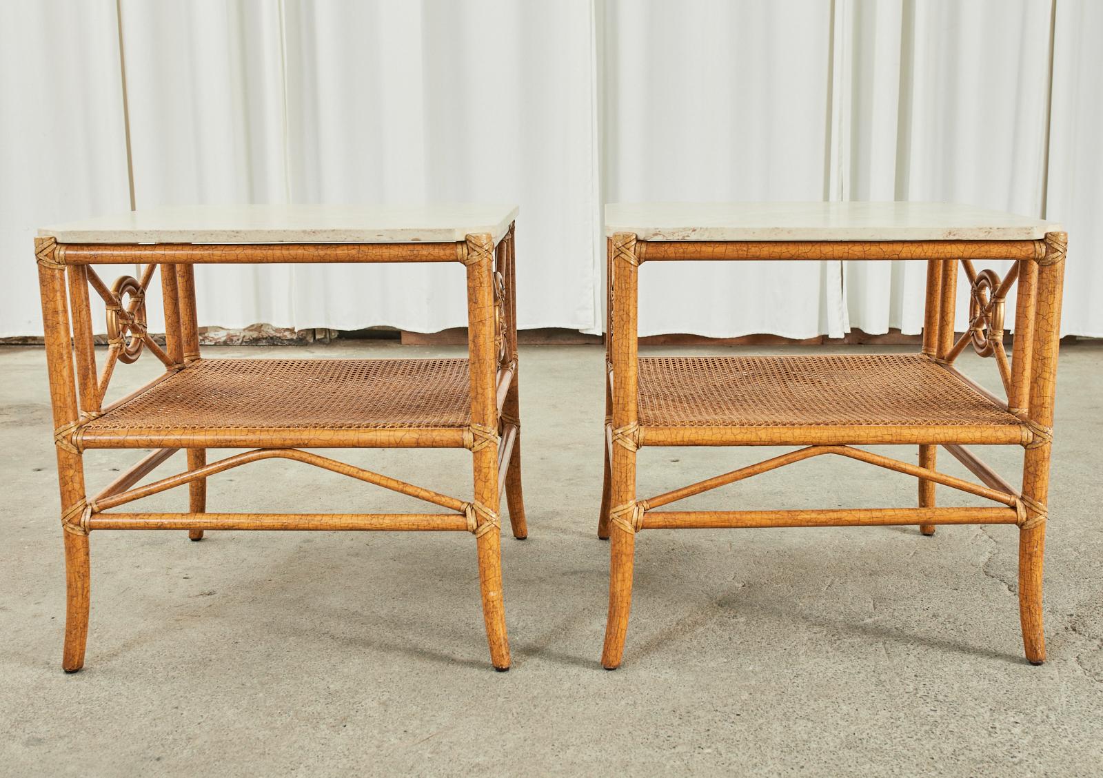 Pair of McGuire Marble Top Rattan Two Tier End Tables 12