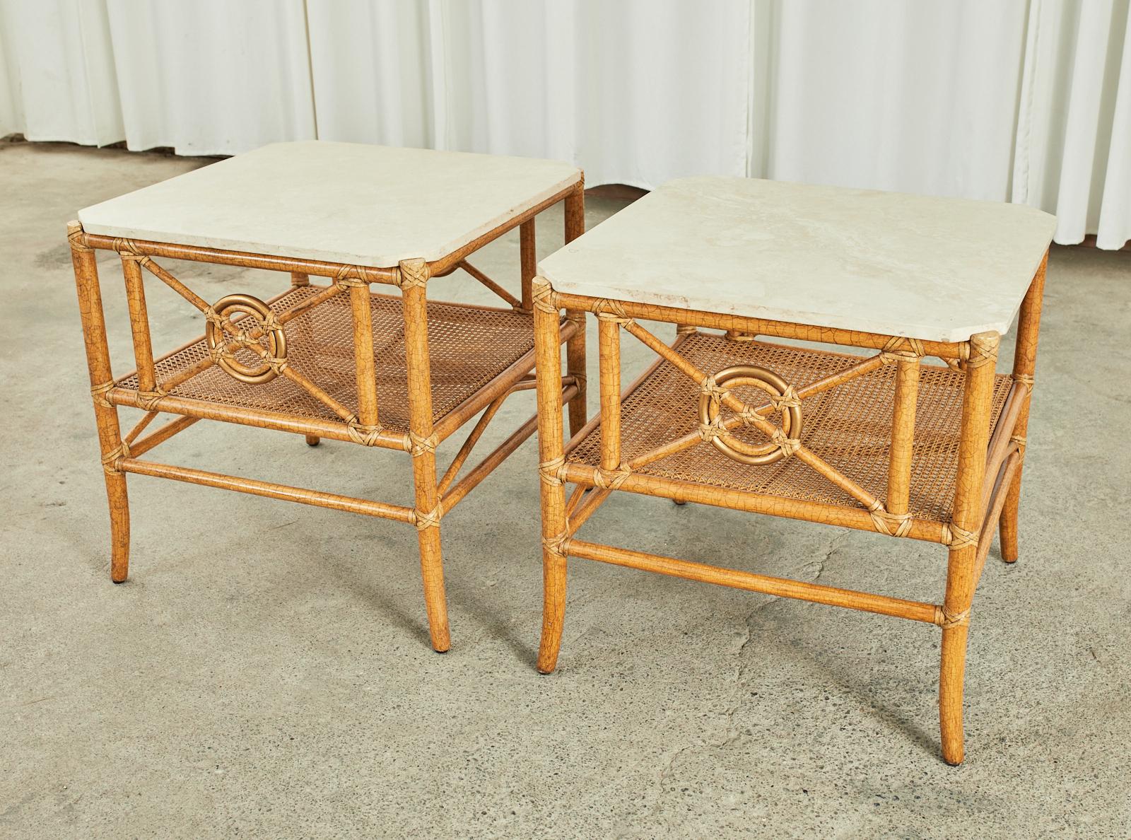 American Pair of McGuire Marble Top Rattan Two Tier End Tables