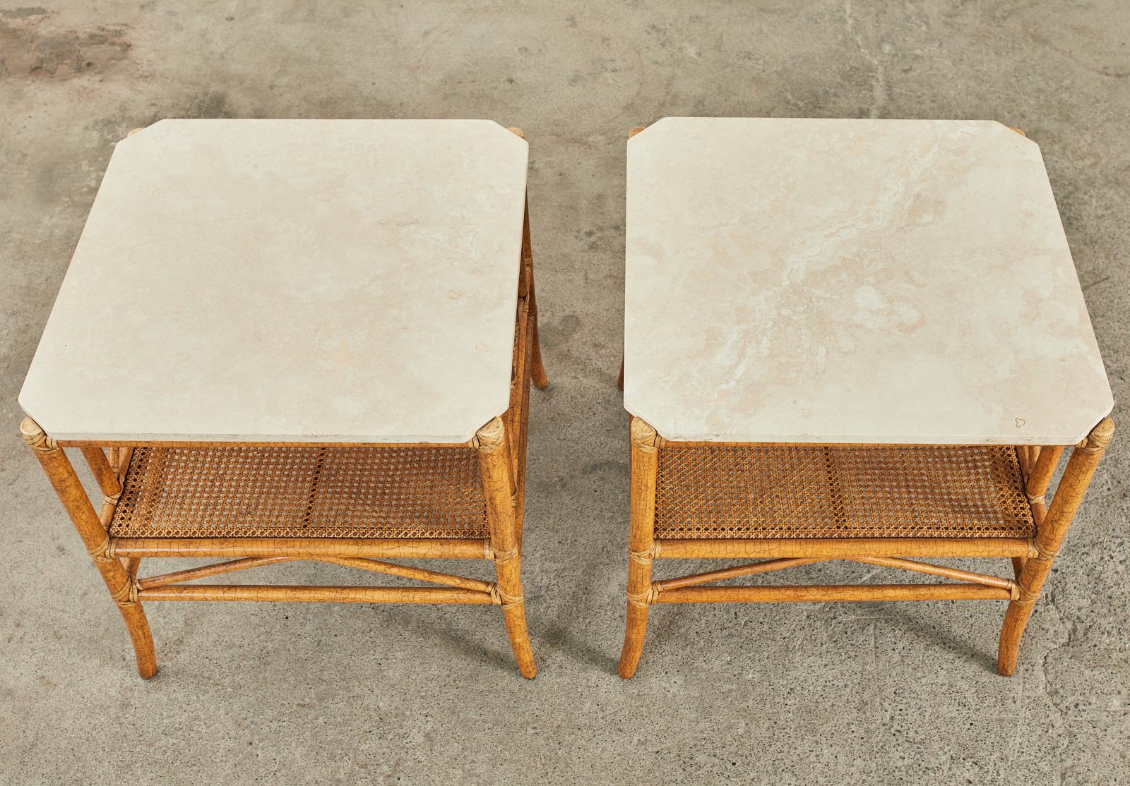 Lacquered Pair of McGuire Marble Top Rattan Two Tier End Tables