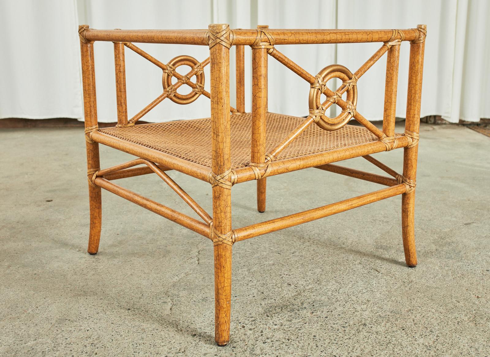 Leather Pair of McGuire Marble Top Rattan Two Tier End Tables