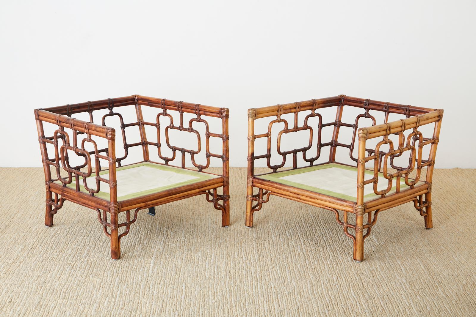 American Pair of McGuire Marview Bamboo Rattan Cube Lounge Chairs