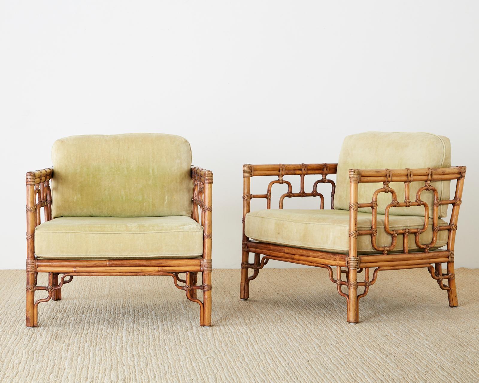Pair of McGuire Marview Bamboo Rattan Cube Lounge Chairs In Good Condition In Rio Vista, CA