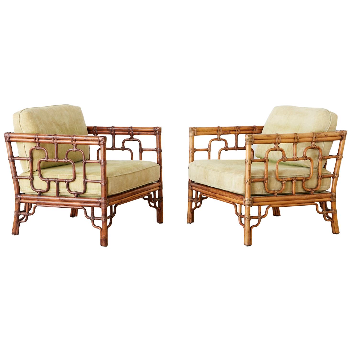 Pair of McGuire Marview Bamboo Rattan Cube Lounge Chairs