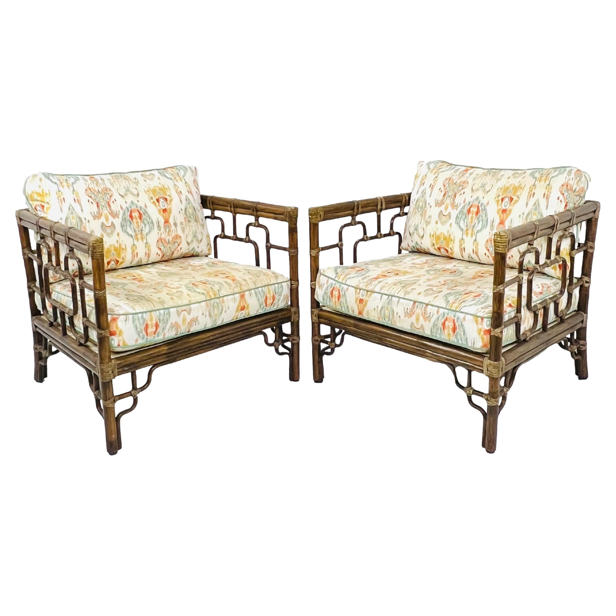 Pair of McGuire "Marview" Rattan Lounge Chairs