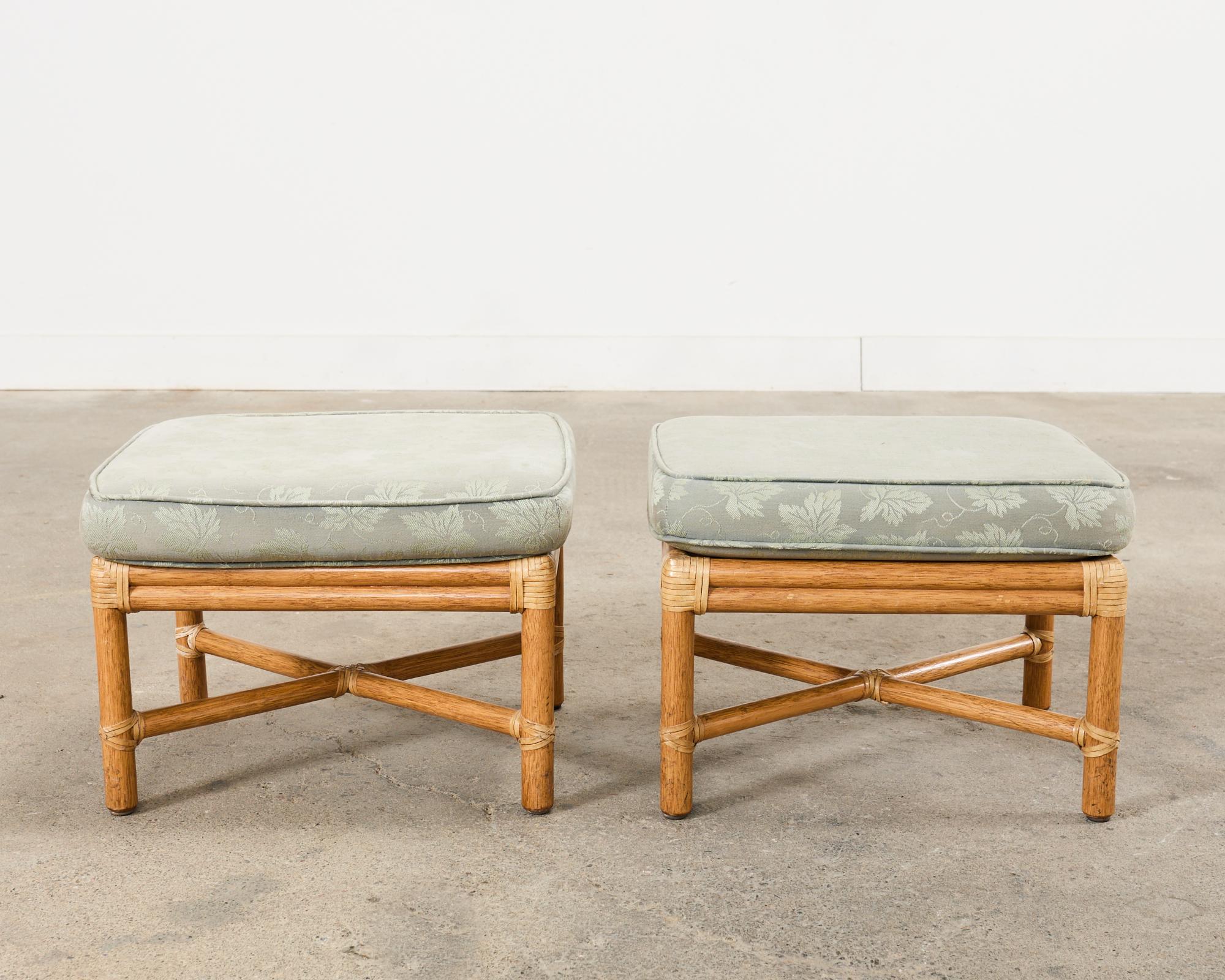 Hand-Crafted Pair of McGuire Organic Modern Bamboo Rattan Footstool Ottomans