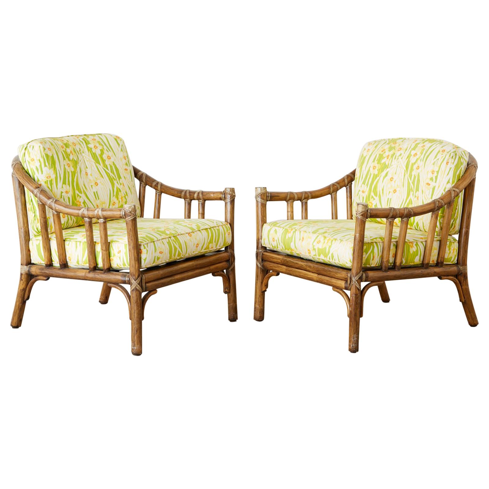 Pair of McGuire Organic Modern Bamboo Rattan Lounge Chairs