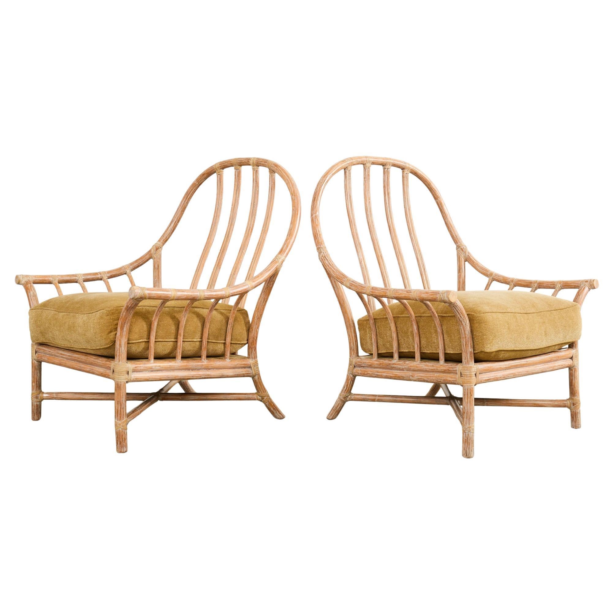 Pair of McGuire Organic Modern Cerused Rattan Lounge Chairs Ottoman