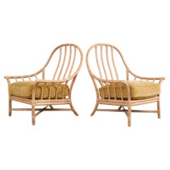 Pair of McGuire Organic Modern Cerused Rattan Lounge Chairs Ottoman
