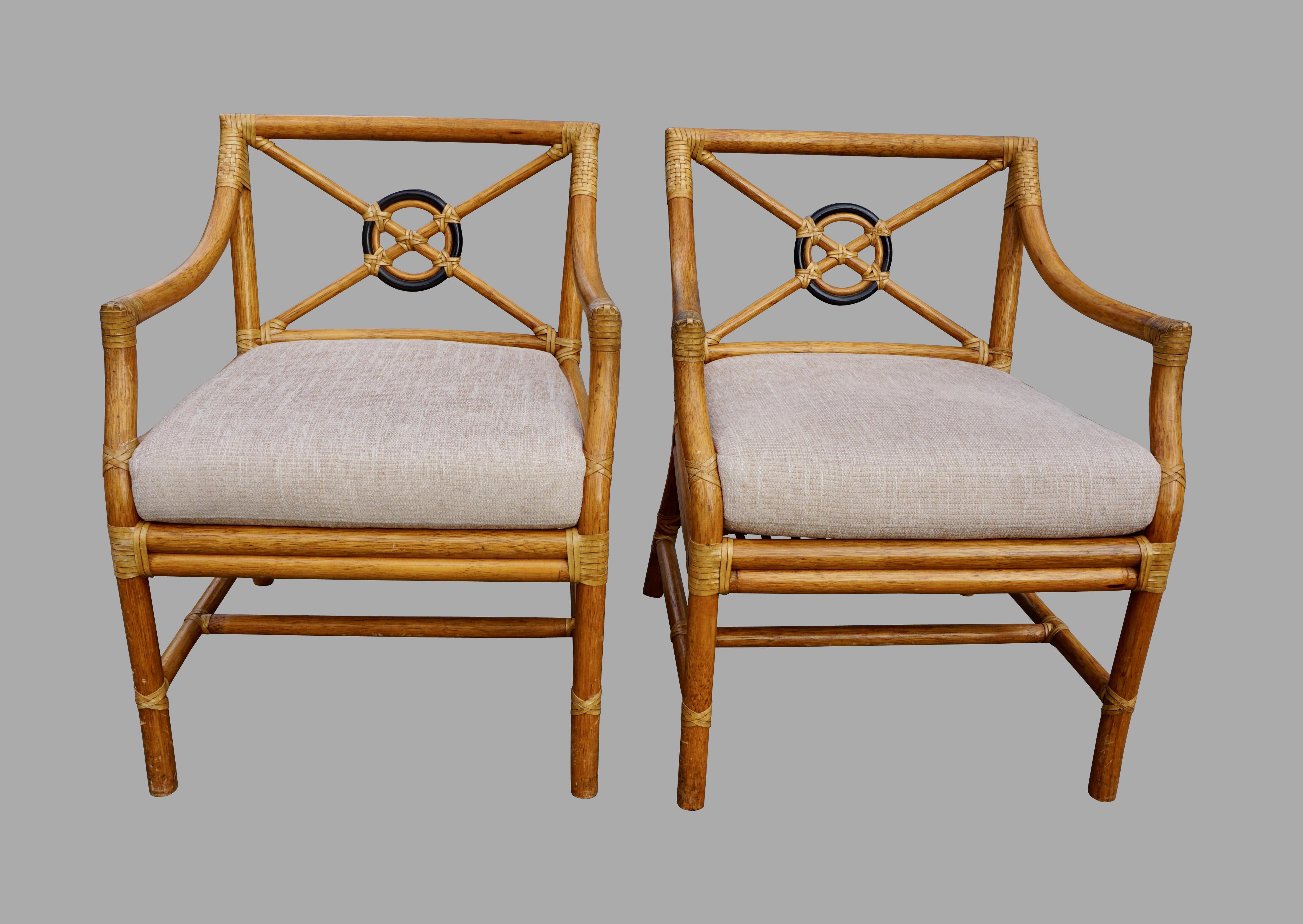 Pair of McGuire Organic Modern Rattan and Leather Upholstered Armchairs 6