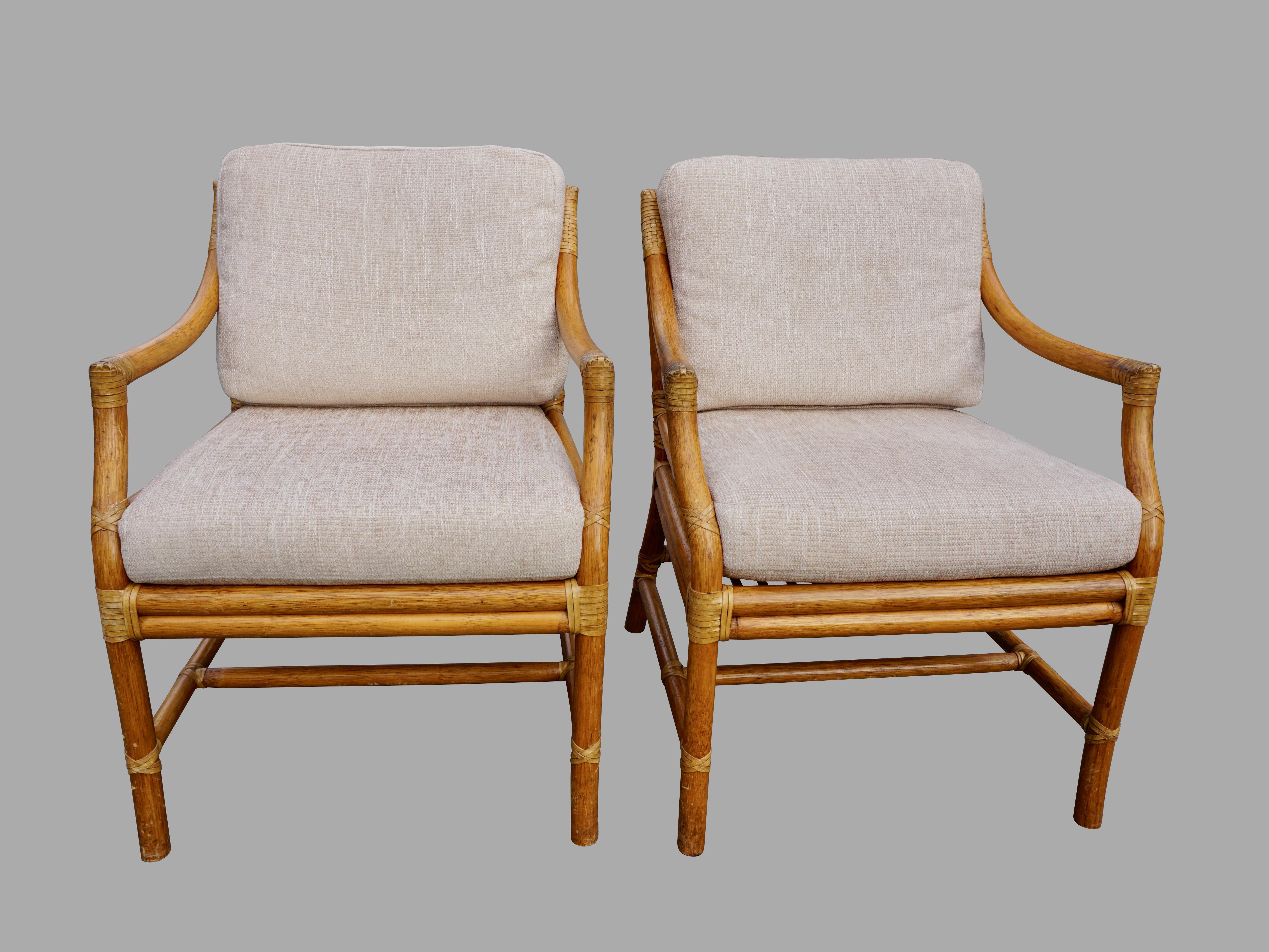 20th Century Pair of McGuire Organic Modern Rattan and Leather Upholstered Armchairs