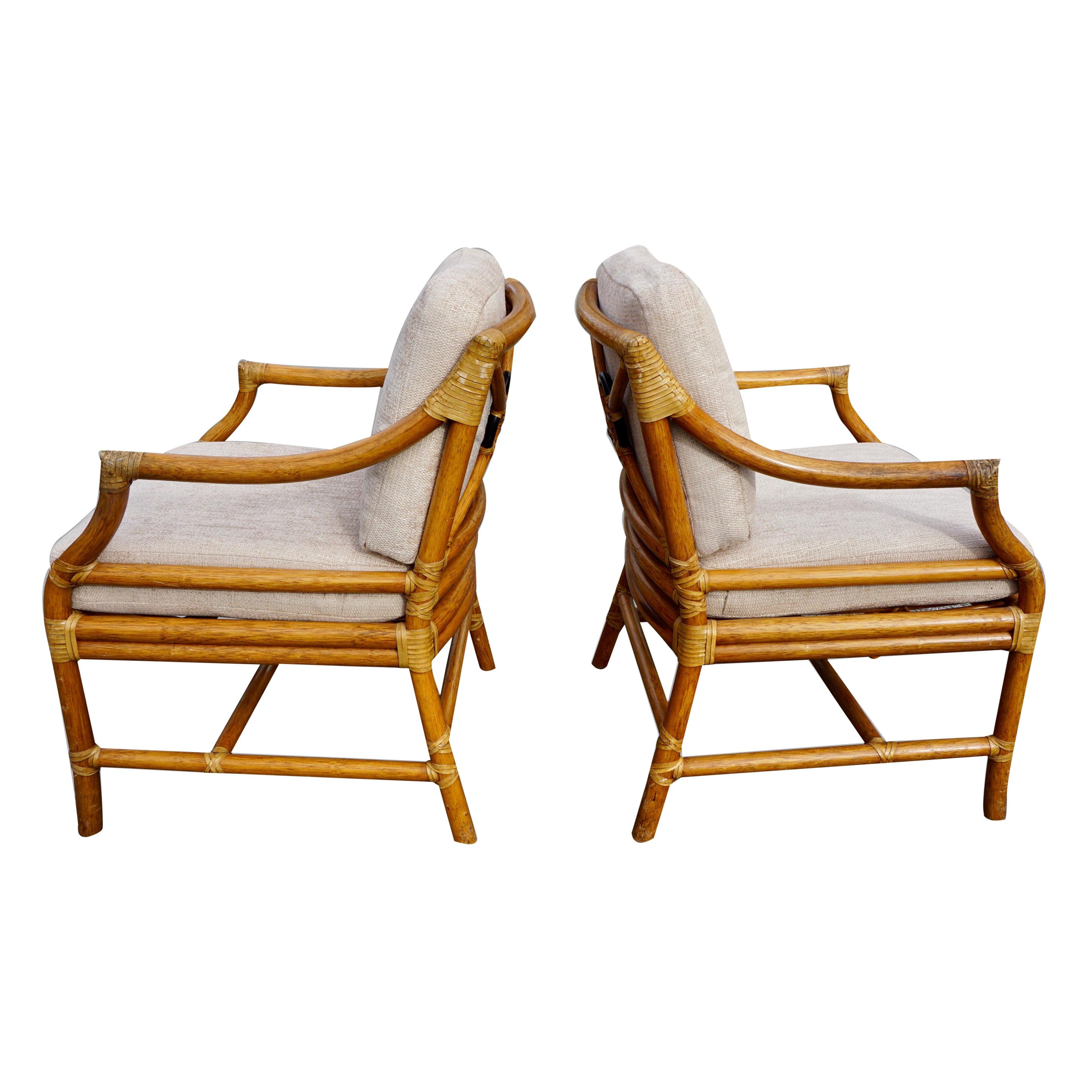 Pair of McGuire Organic Modern Rattan and Leather Upholstered Armchairs