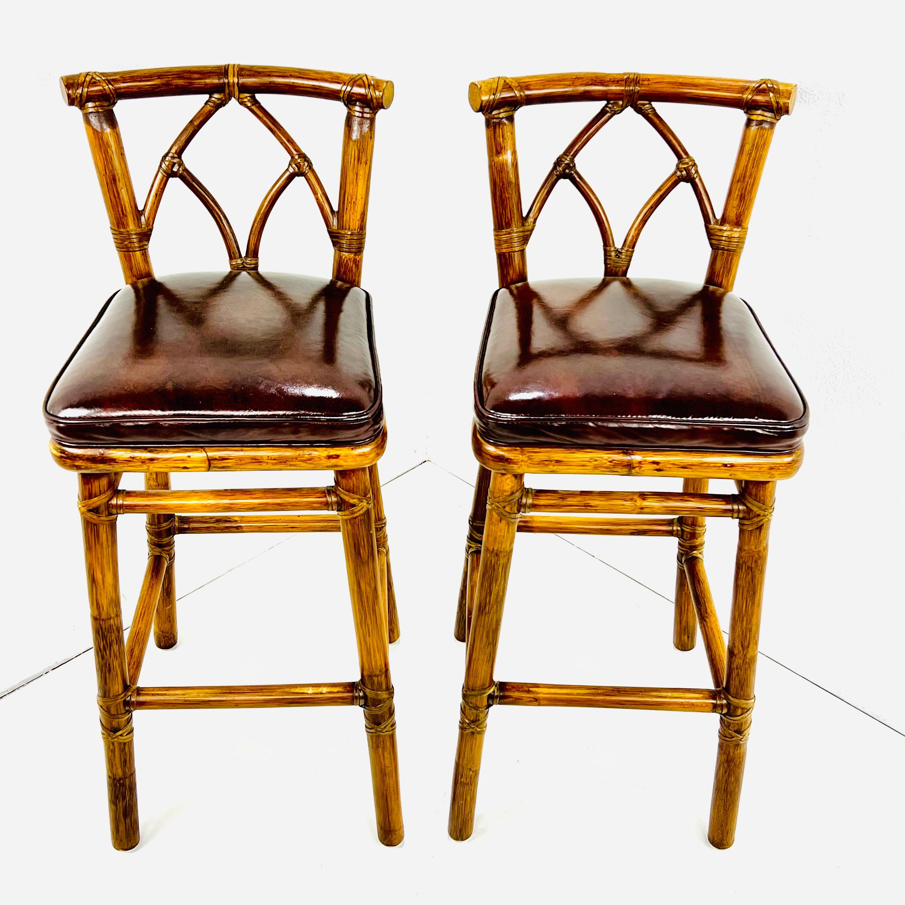 Leather Pair of McGuire Organic Modern Rattan Bar Stools