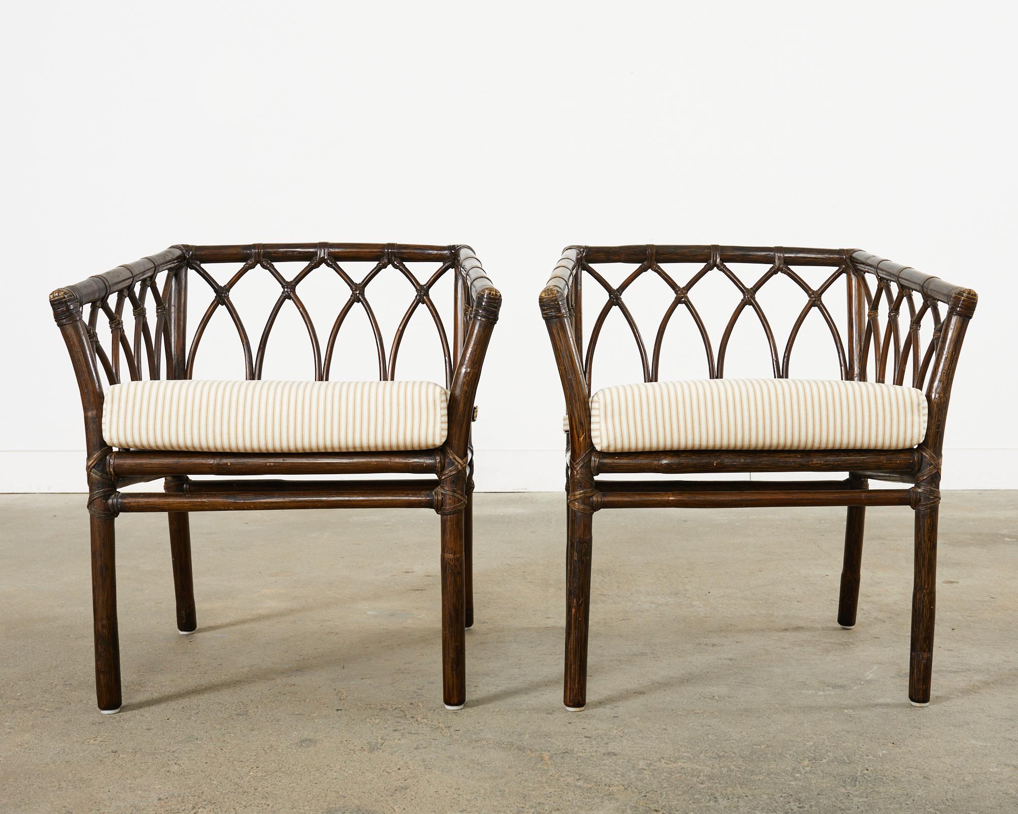 Hand-Crafted Pair of McGuire Organic Modern Rattan Cathedral Style Armchairs