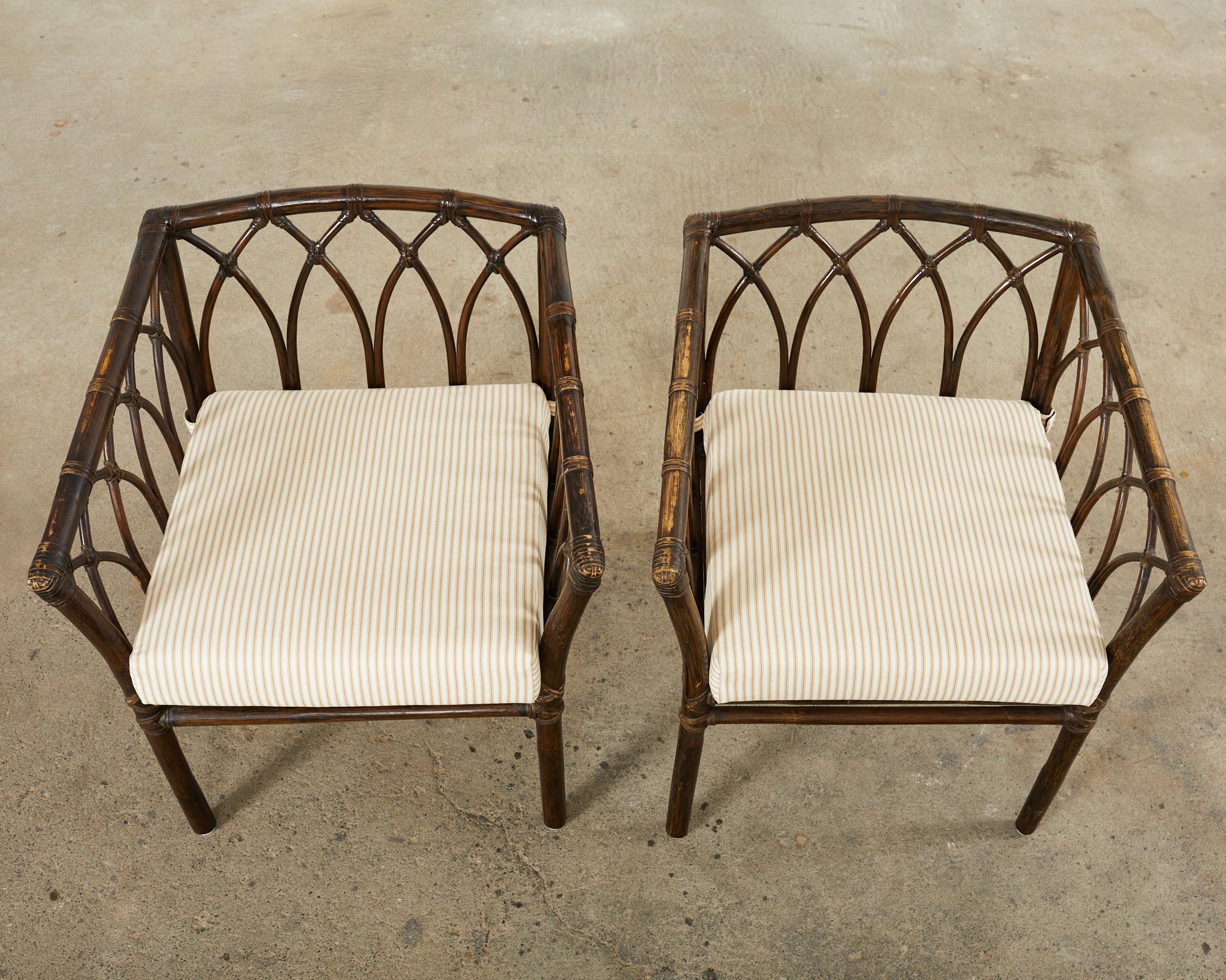 20th Century Pair of McGuire Organic Modern Rattan Cathedral Style Armchairs