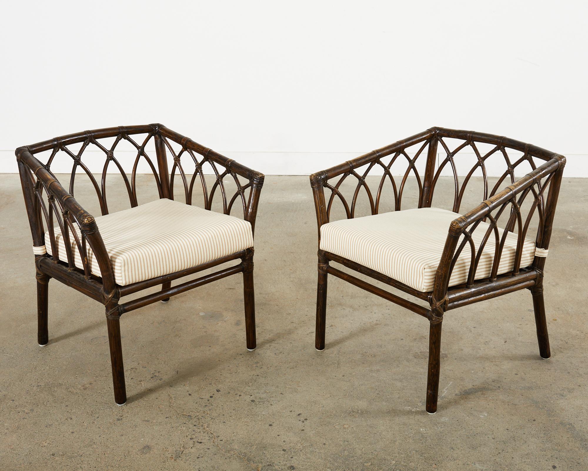 Leather Pair of McGuire Organic Modern Rattan Cathedral Style Armchairs