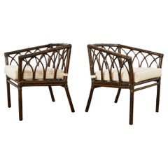 Vintage Pair of McGuire Organic Modern Rattan Cathedral Style Armchairs