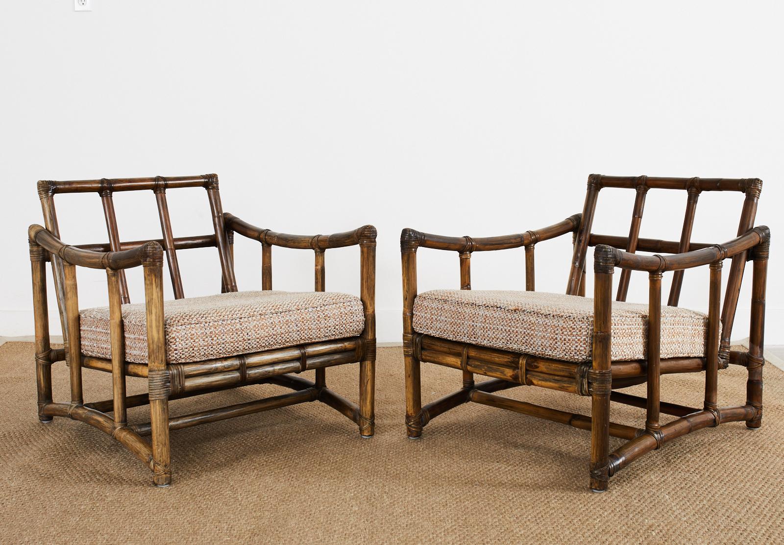 American Pair of McGuire Organic Modern Rattan Pole Lounge Chairs