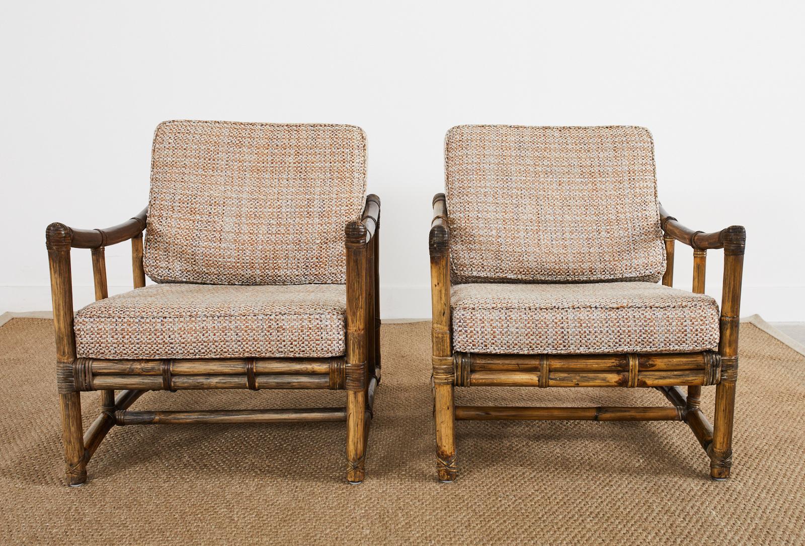 Hand-Crafted Pair of McGuire Organic Modern Rattan Pole Lounge Chairs