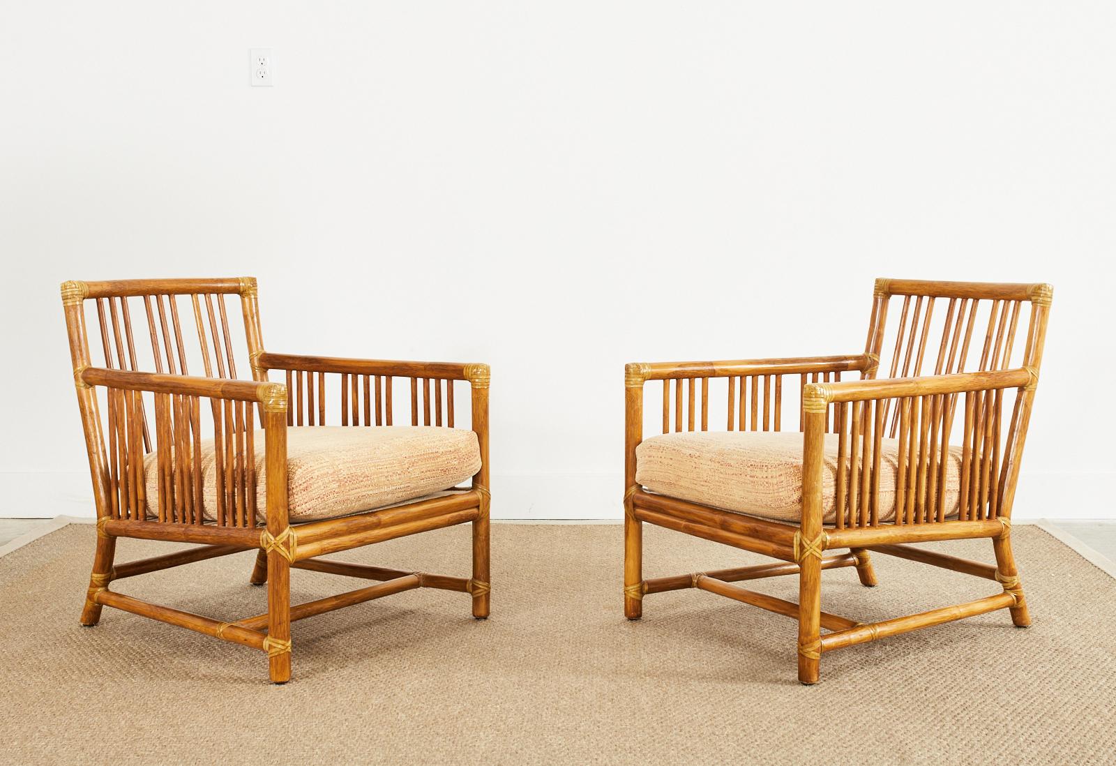 Hand-Crafted Pair of McGuire Organic Modern Rattan Pole Lounge Chairs For Sale