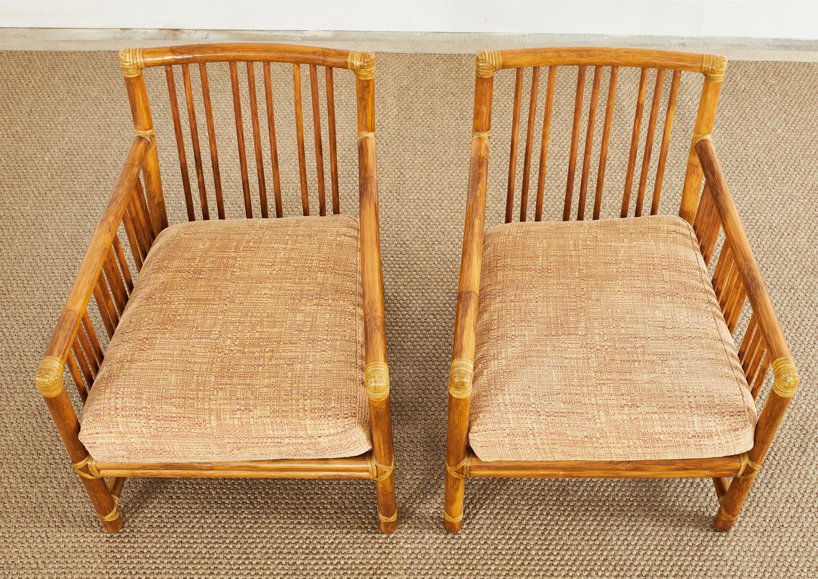 Leather Pair of McGuire Organic Modern Rattan Pole Lounge Chairs For Sale