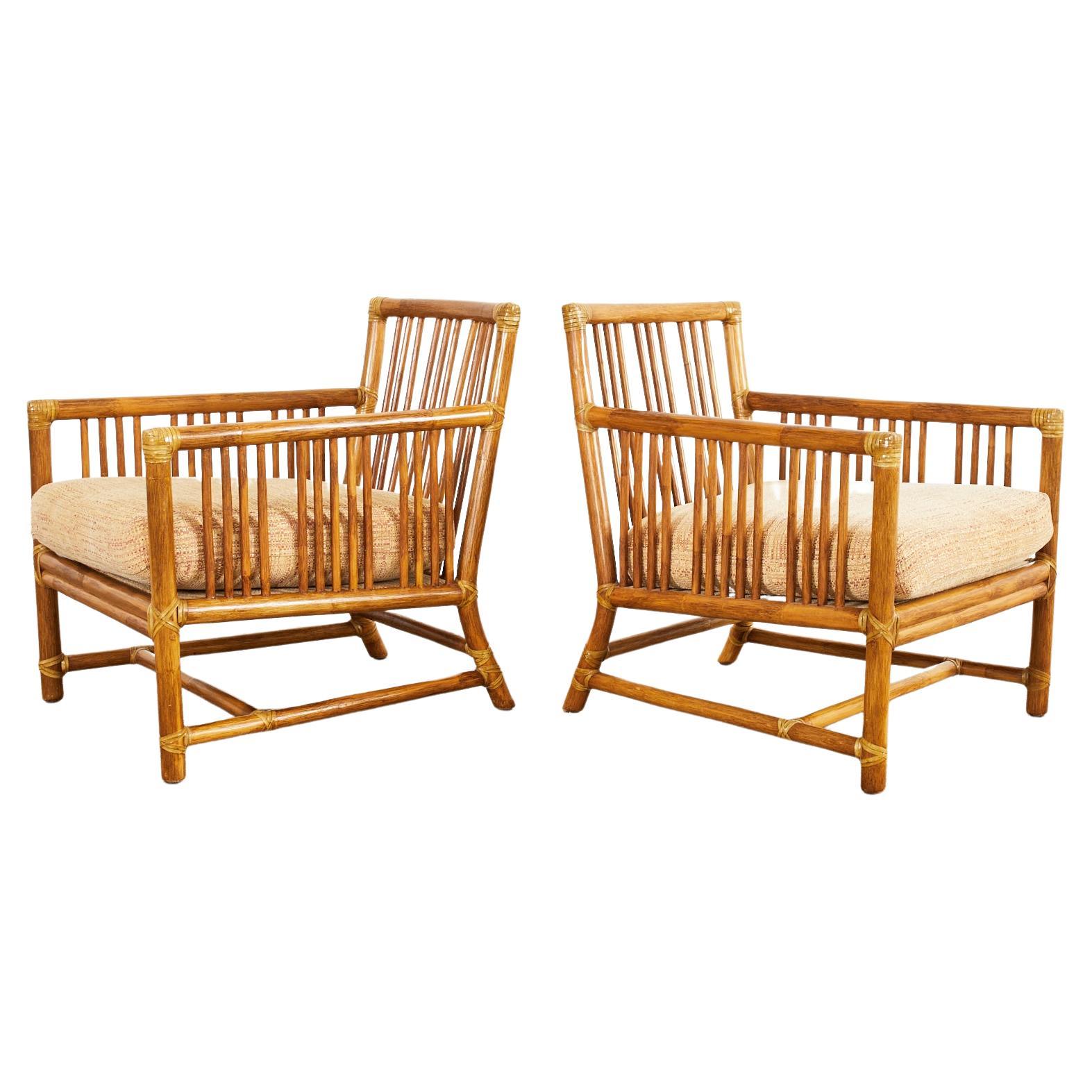 Pair of McGuire Organic Modern Rattan Pole Lounge Chairs For Sale