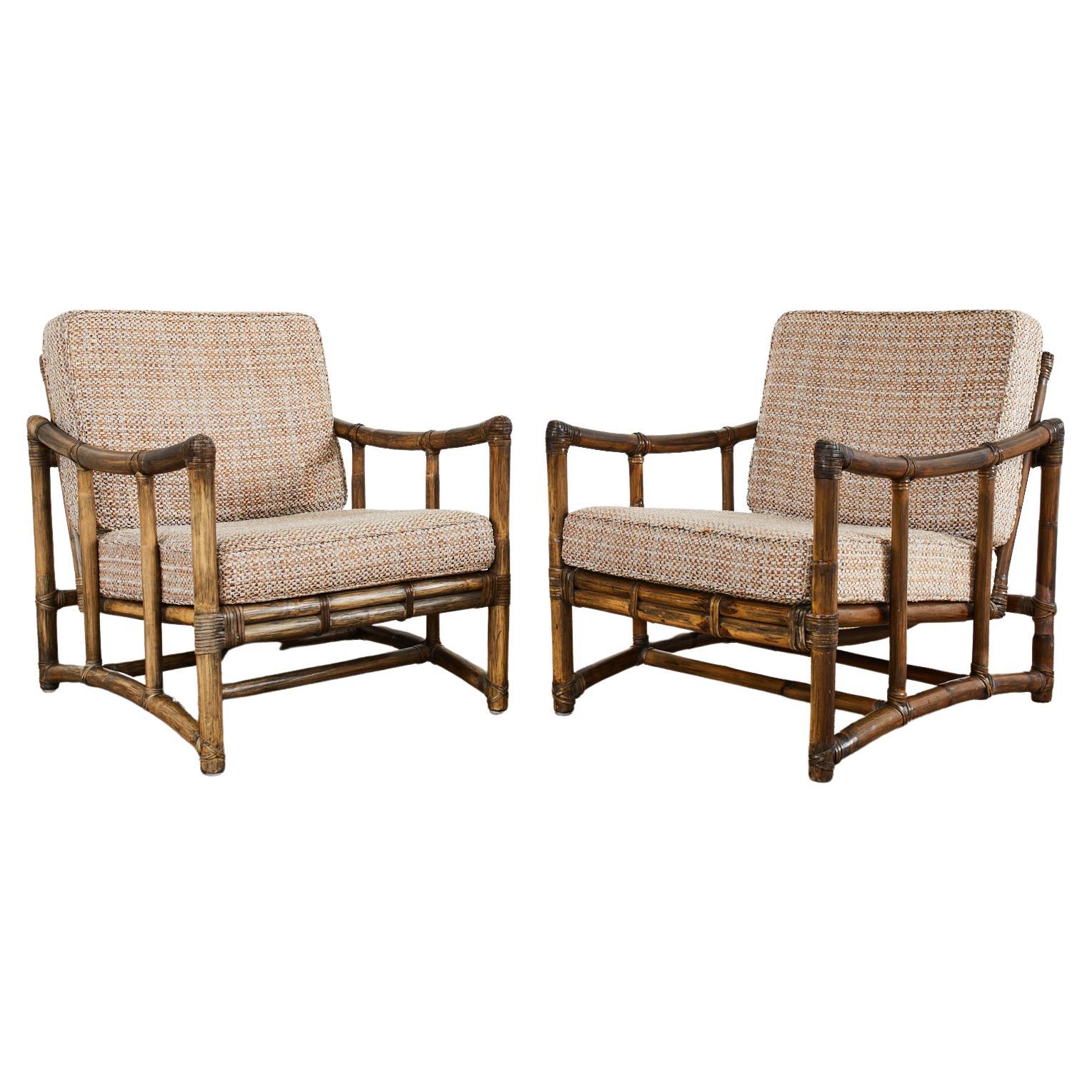 Pair of McGuire Organic Modern Rattan Pole Lounge Chairs