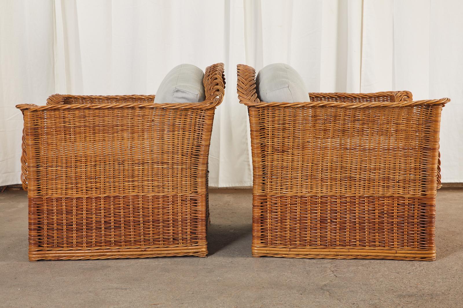 Hand-Crafted Pair of McGuire Organic Modern Rattan Wicker Lounge Chairs