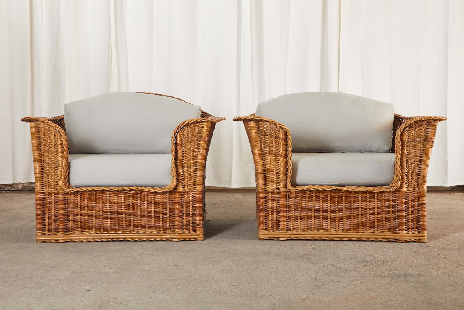 Linen Pair of McGuire Organic Modern Rattan Wicker Lounge Chairs