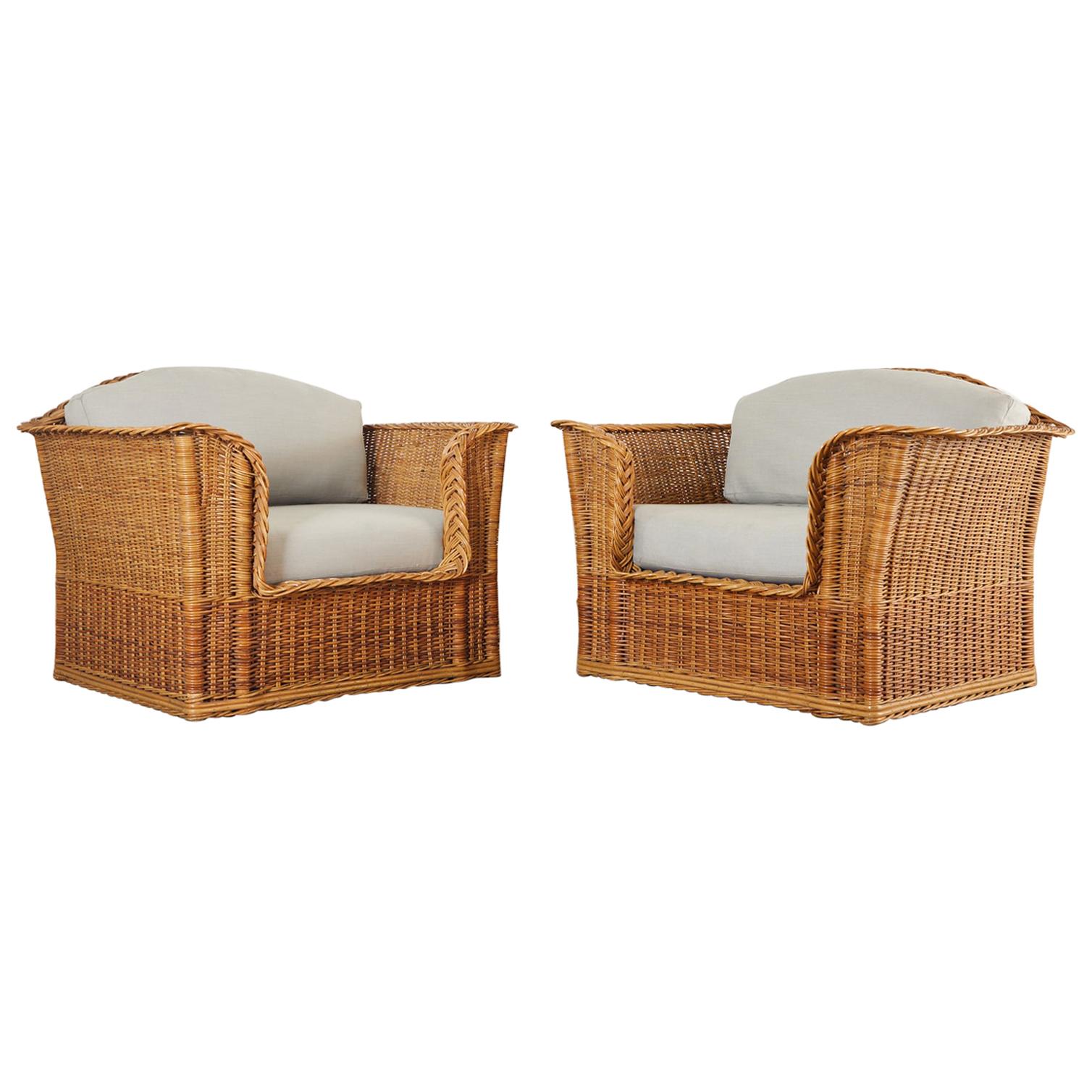 Pair of McGuire Organic Modern Rattan Wicker Lounge Chairs