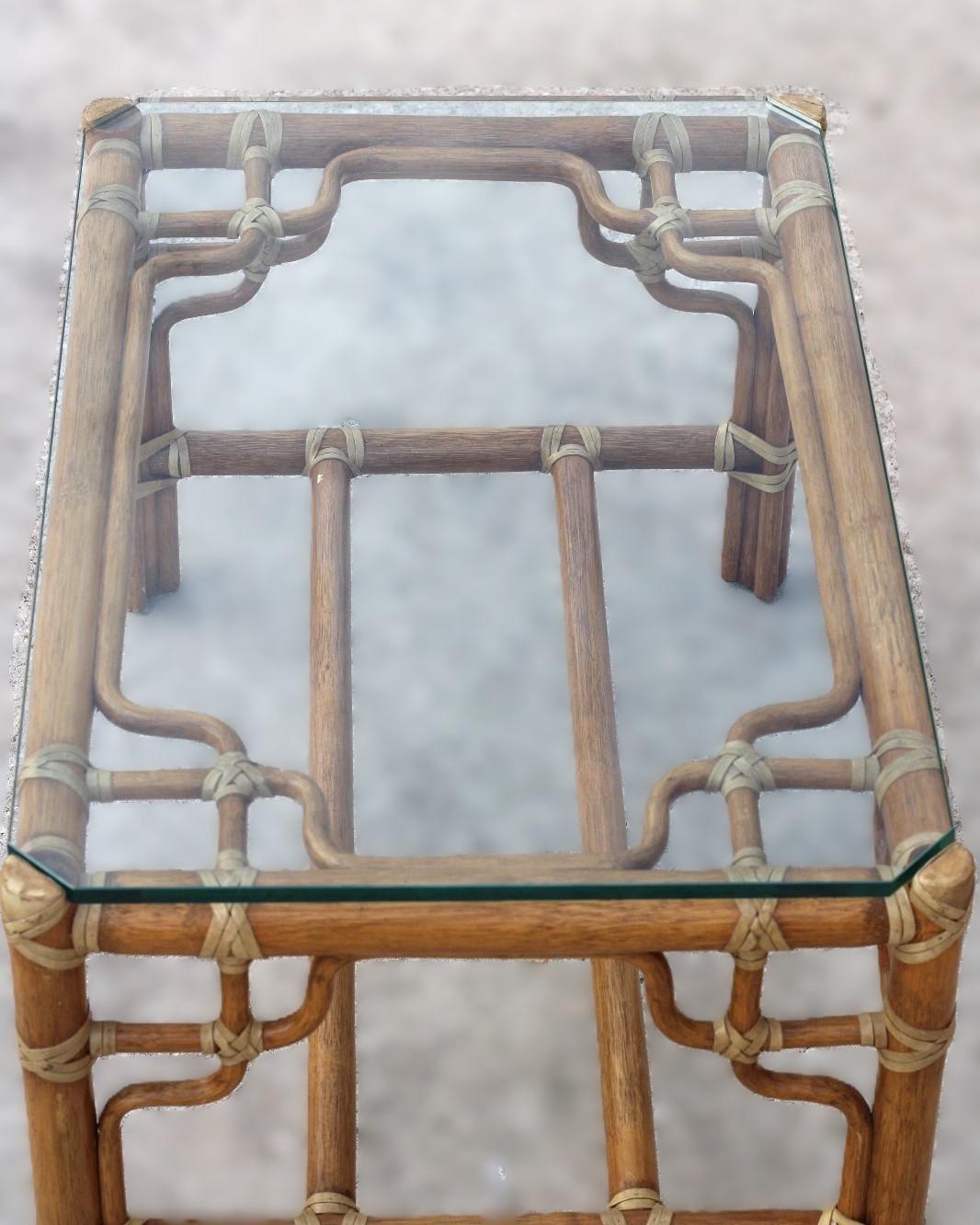 Pair of McGuire Organic Modern Rattan Wing Chairs with Ottoman and Side Table For Sale 3