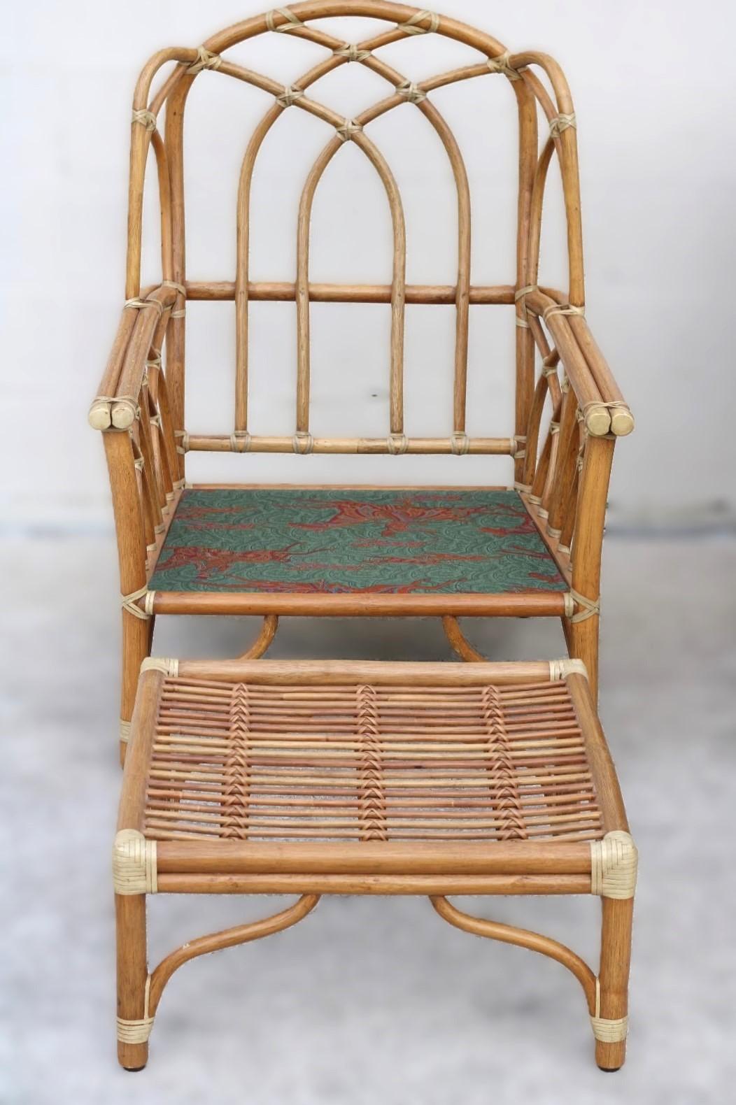 Pair of McGuire Organic Modern Rattan Wing Chairs with Ottoman and Side Table For Sale 4