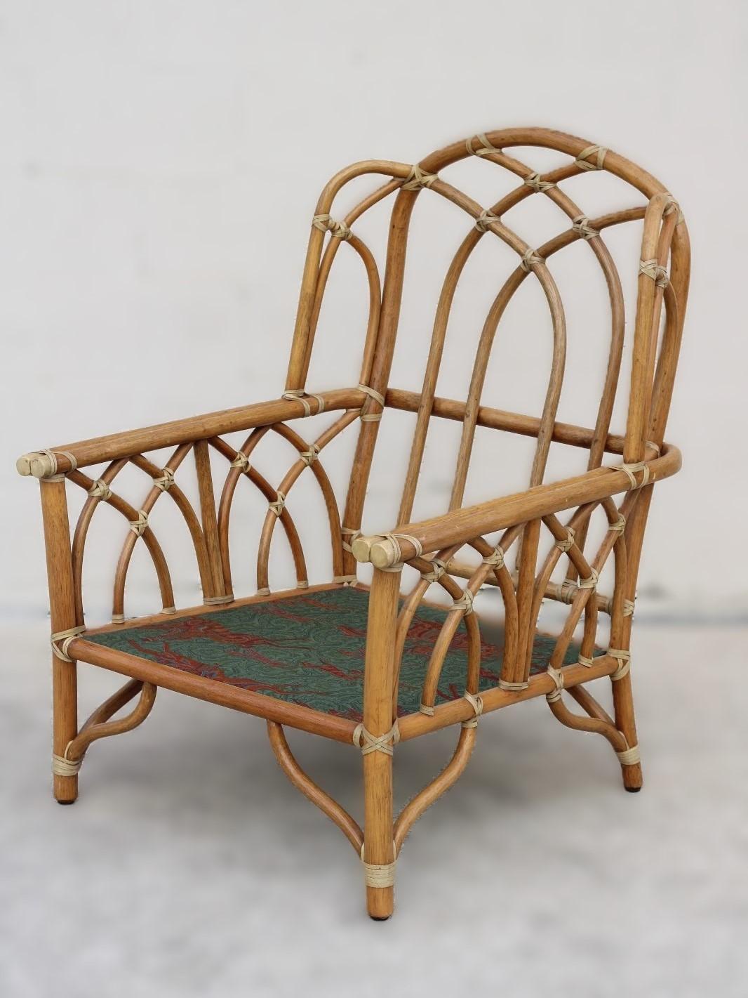 American Pair of McGuire Organic Modern Rattan Wing Chairs with Ottoman and Side Table For Sale