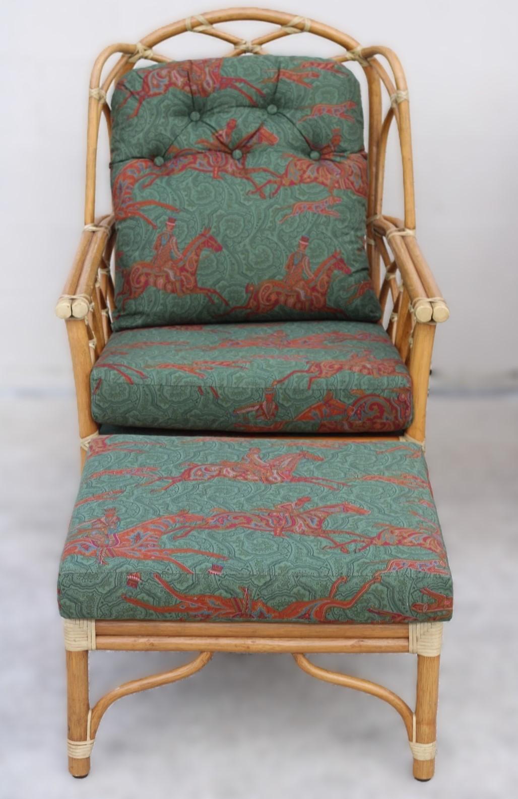 Hand-Crafted Pair of McGuire Organic Modern Rattan Wing Chairs with Ottoman and Side Table For Sale