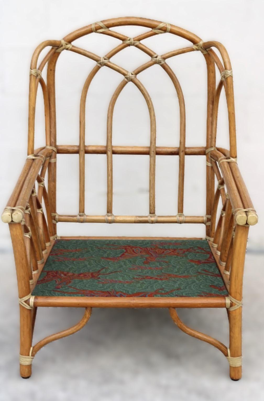 Leather Pair of McGuire Organic Modern Rattan Wing Chairs with Ottoman and Side Table For Sale