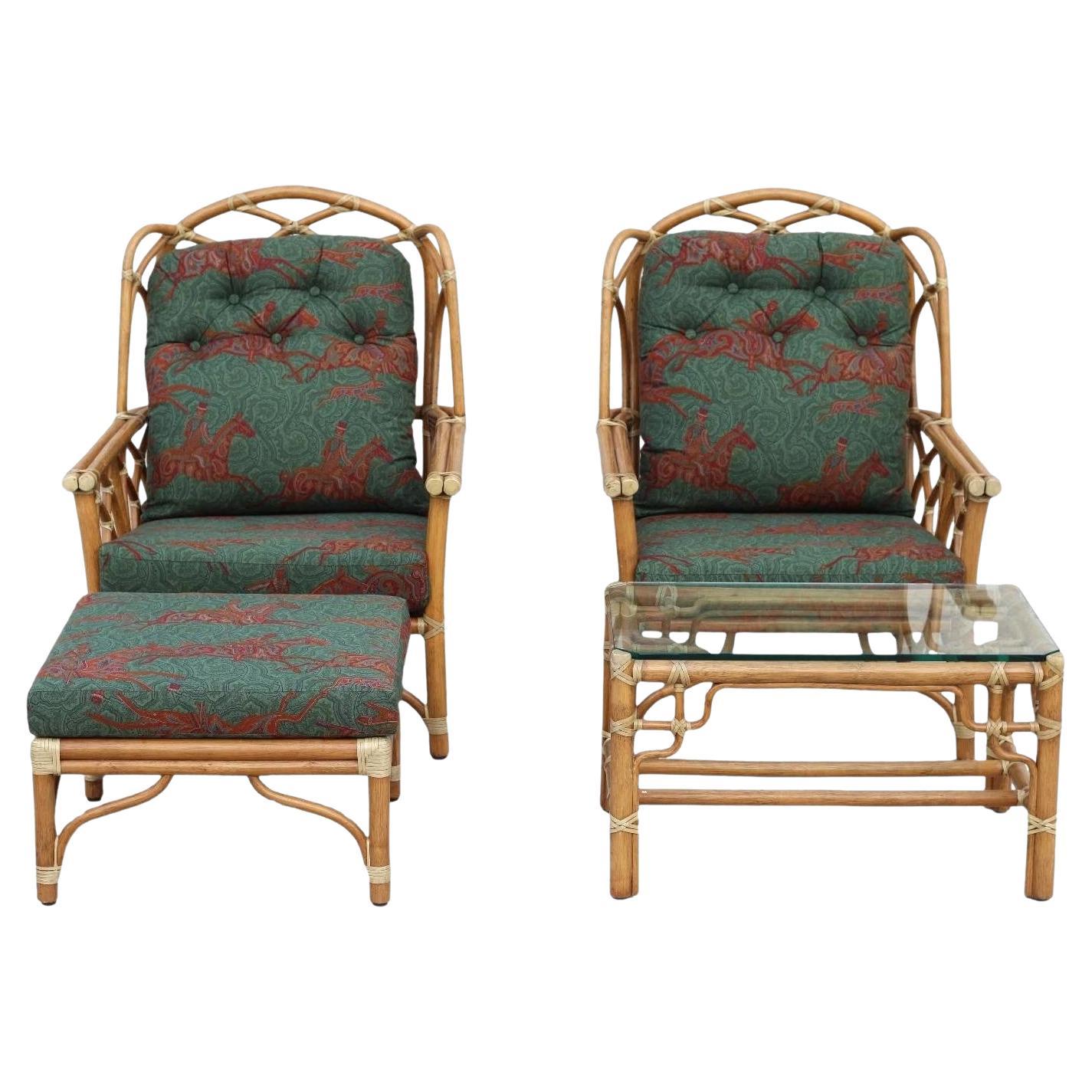 Pair of McGuire Organic Modern Rattan Wing Chairs with Ottoman and Side Table For Sale
