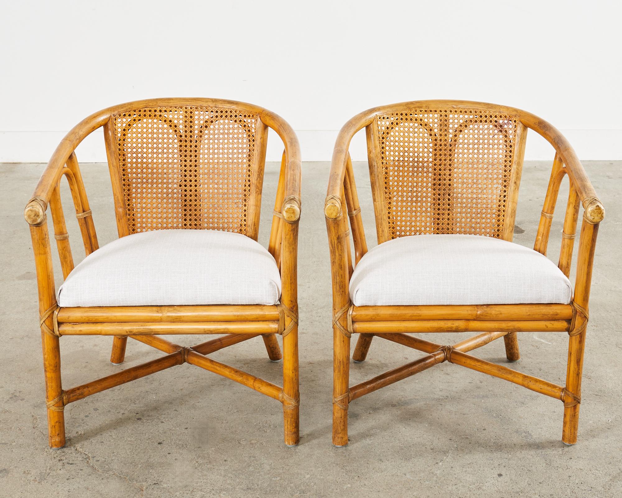Hand-Crafted Pair of McGuire Organic Modern Style Rattan Cane Barrel Lounge Chairs For Sale
