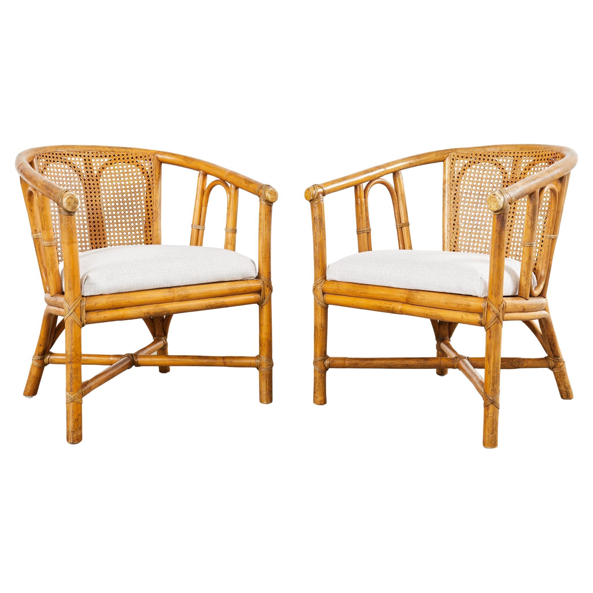 Pair of McGuire Organic Modern Style Rattan Cane Barrel Lounge Chairs For Sale