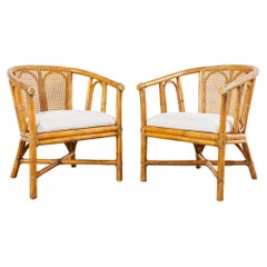Paar McGuire Organic Modern Style Rattan Cane Barrel Lounge Chairs