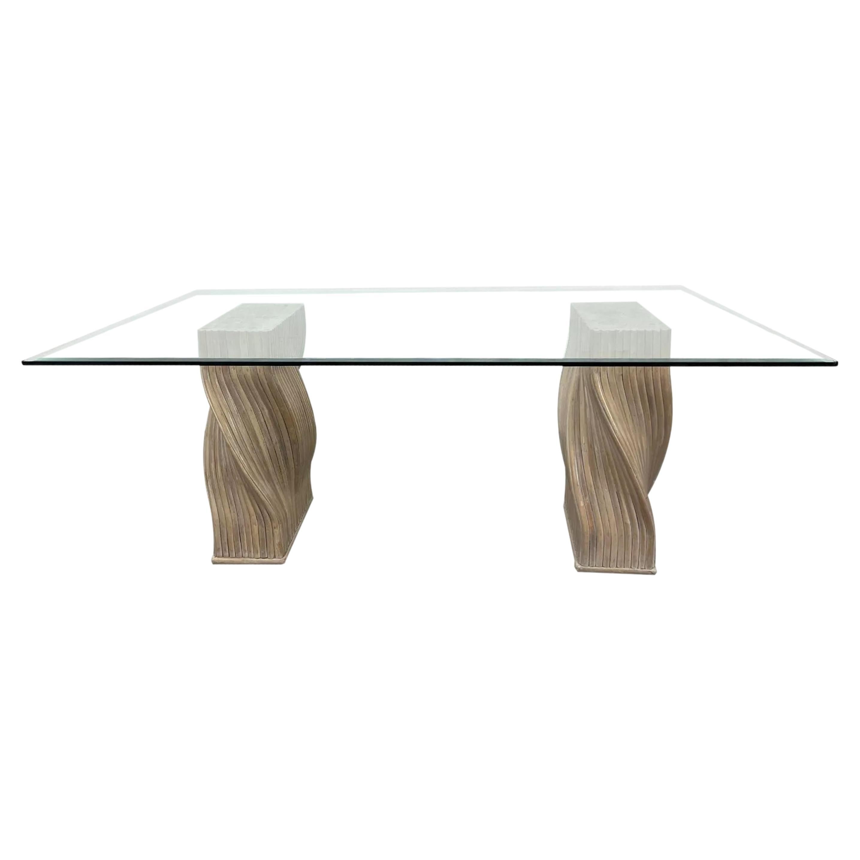 McGuire Organic Modern Twisted Bamboo Rattan Dining Table Bases for Rectangular or Oval Glass Top (not included). The sculptural rattan table bases have a cerused washed finish, for a look that is relaxed, timeless and elegant. Table base tops are