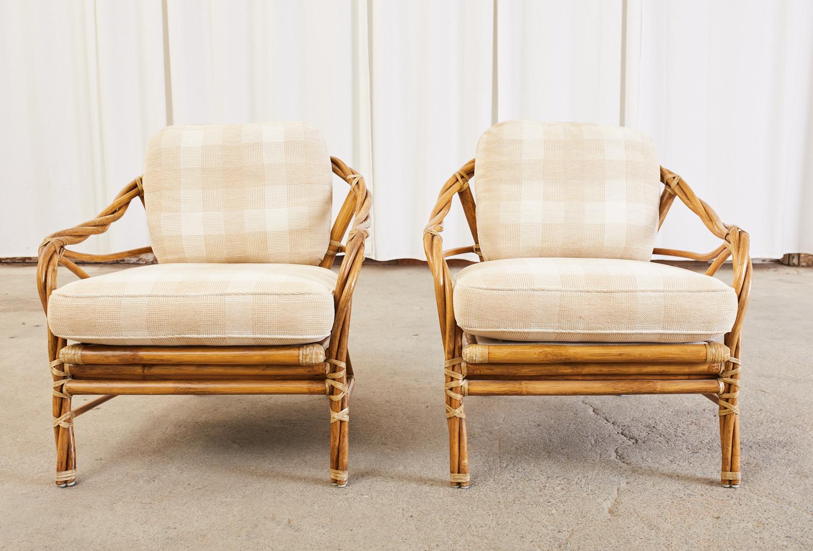 American Pair of McGuire Organic Modern Twisted Rattan Lounge Chairs