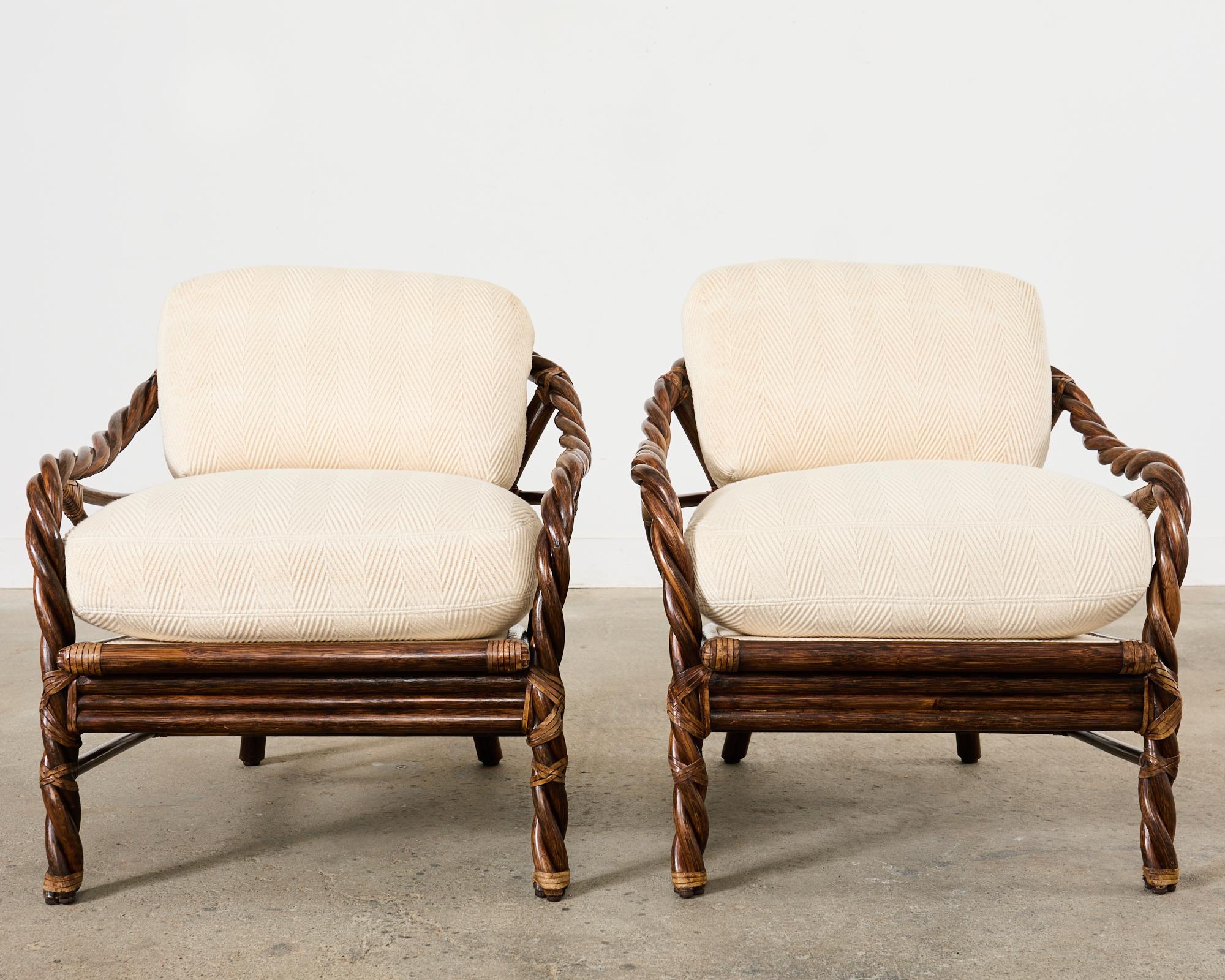 American Pair of McGuire Organic Modern Twisted Rattan Lounge Chairs  For Sale