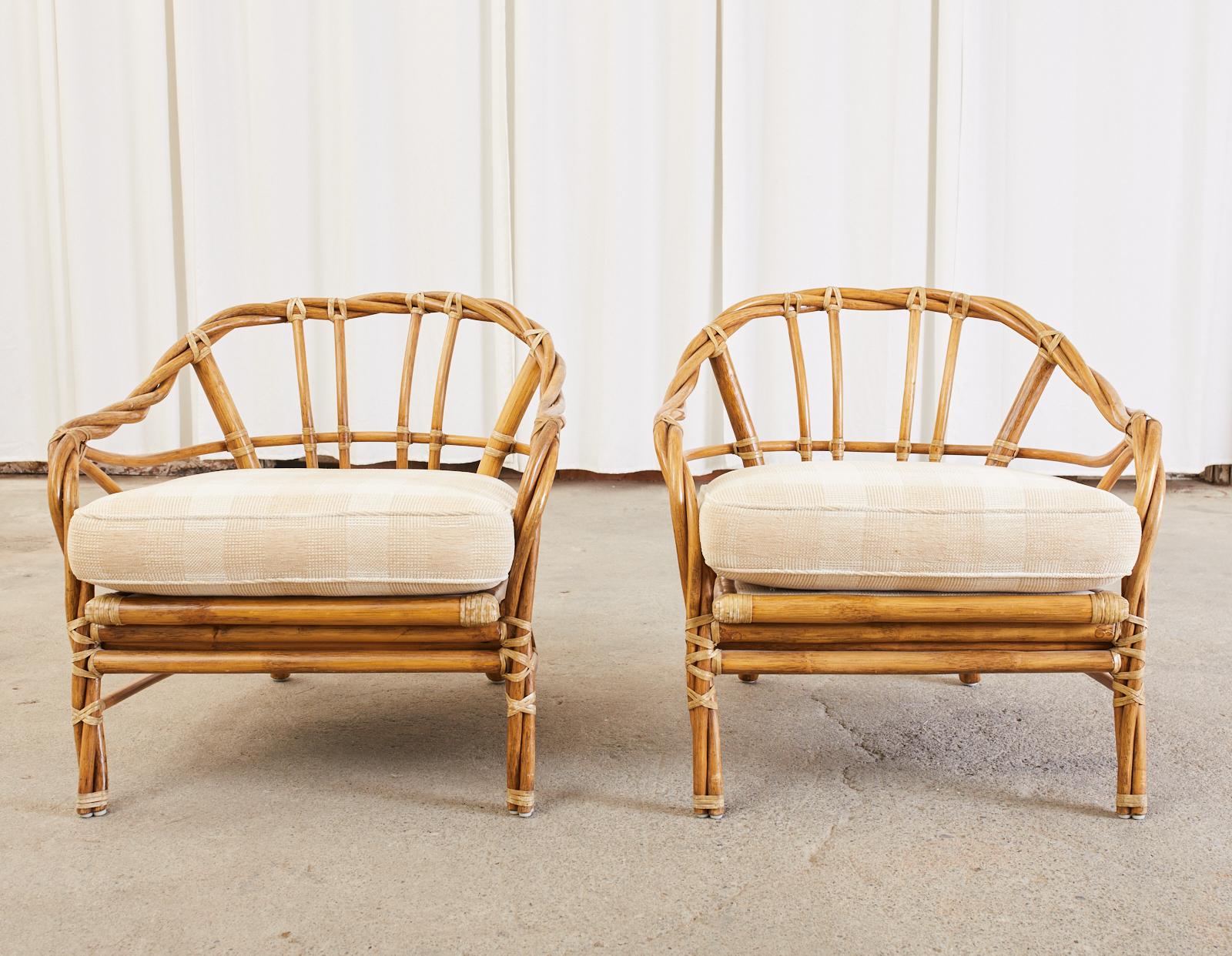 Hand-Crafted Pair of McGuire Organic Modern Twisted Rattan Lounge Chairs