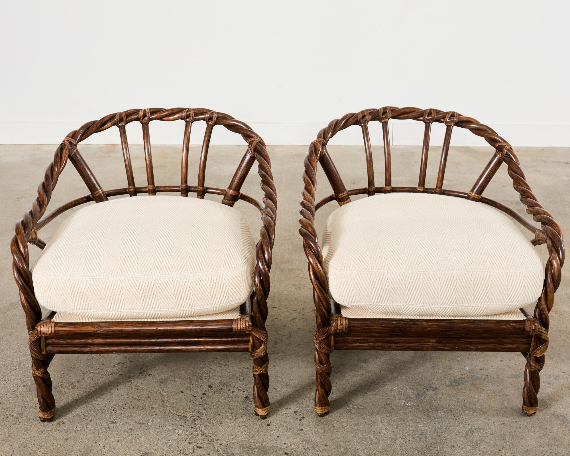 Pair of McGuire Organic Modern Twisted Rattan Lounge Chairs  In Good Condition For Sale In Rio Vista, CA