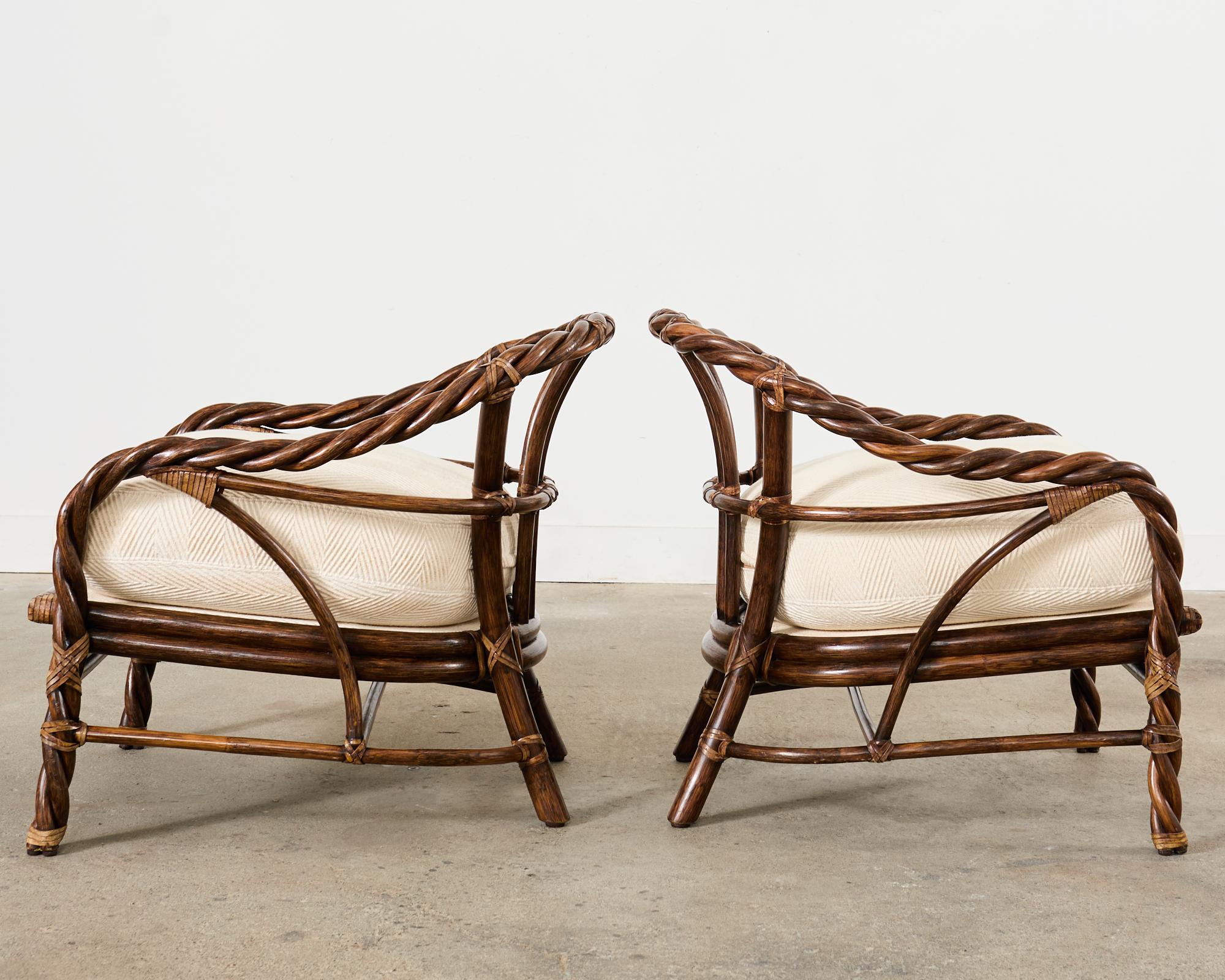 Leather Pair of McGuire Organic Modern Twisted Rattan Lounge Chairs  For Sale