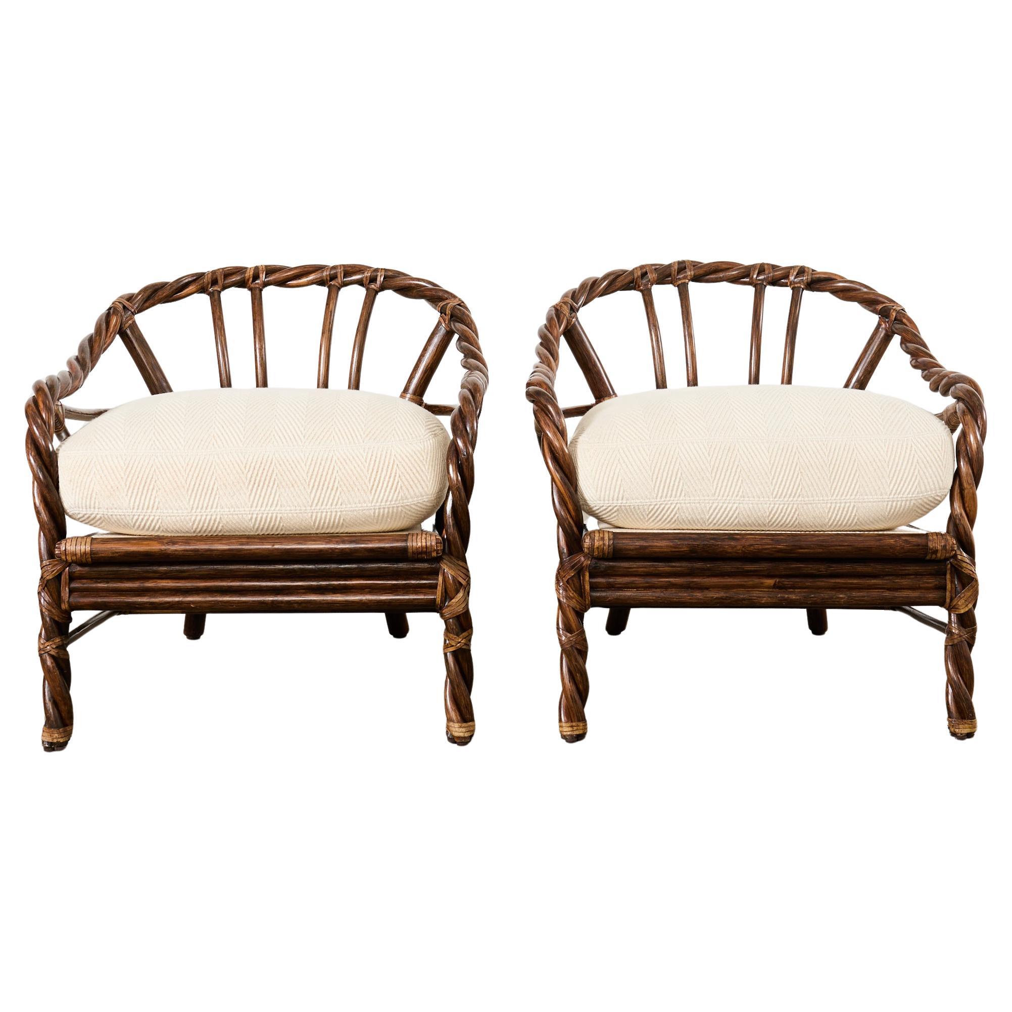 Pair of McGuire Organic Modern Twisted Rattan Lounge Chairs 